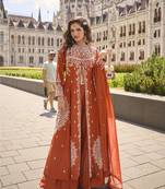 Real premium silk & organza heavy embroidered front-cut kurta set with palazzo & dupatta