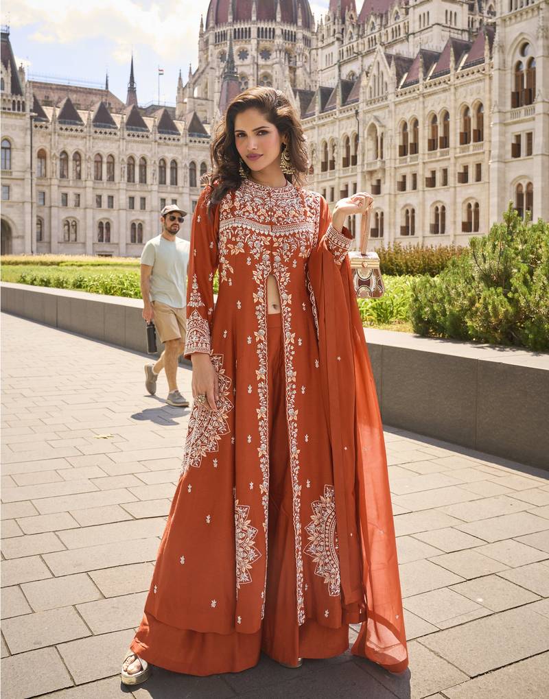 Real premium silk & organza heavy embroidered front-cut kurta set with palazzo & dupatta