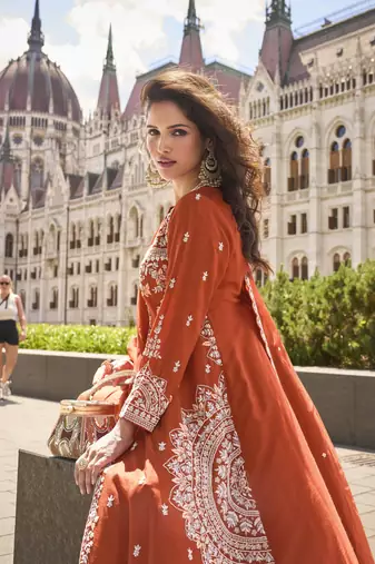 Real premium silk & organza heavy embroidered front-cut kurta set with palazzo & dupatta