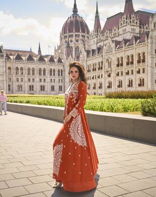 Real premium silk & organza heavy embroidered front-cut kurta set with palazzo & dupatta 3