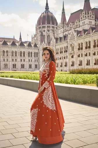 Real premium silk & organza heavy embroidered front-cut kurta set with palazzo & dupatta