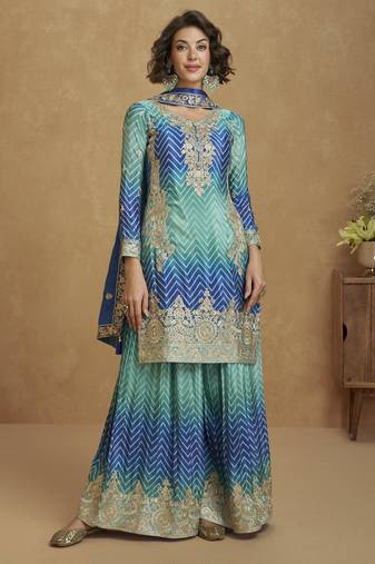 Premium chinon silk embroidered kurta palazzo set with chinon dupatta