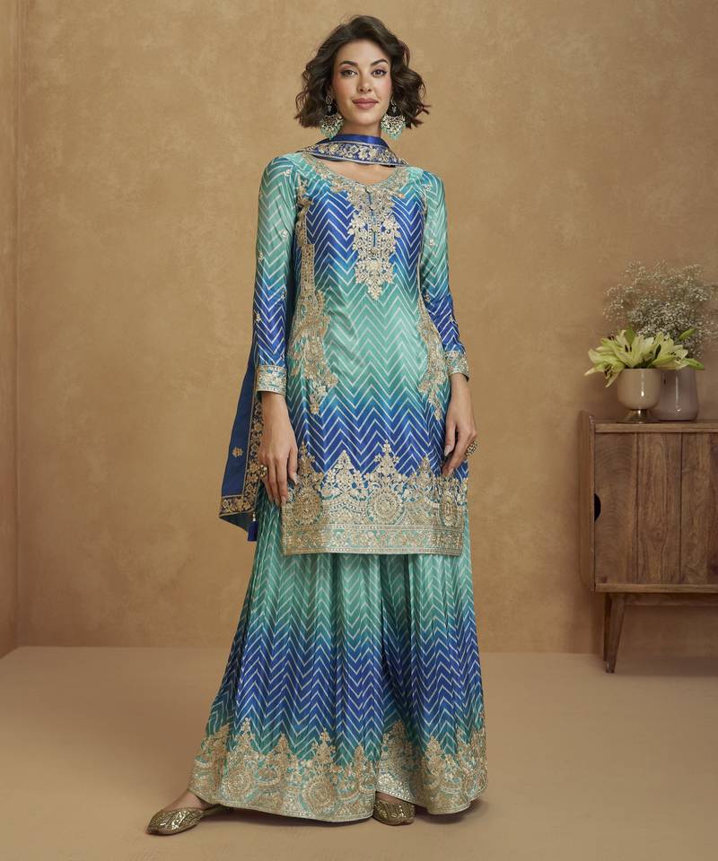 Premium chinon silk embroidered kurta palazzo set with chinon dupatta