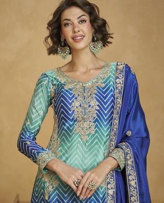 Premium chinon silk embroidered kurta palazzo set with chinon dupatta 2
