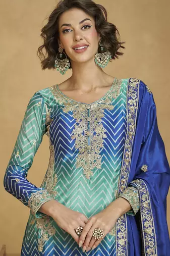 Premium chinon silk embroidered kurta palazzo set with chinon dupatta