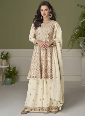 Elegant real georgette embroidered kurta set with dupatta & palazzo hand work 1