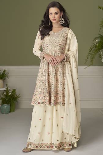 Elegant real georgette embroidered kurta set with dupatta & palazzo – hand work