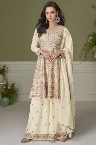 Elegant real georgette embroidered kurta set with dupatta & palazzo – hand work