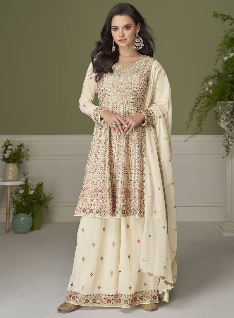 Elegant real georgette embroidered kurta set with dupatta & palazzo – hand work