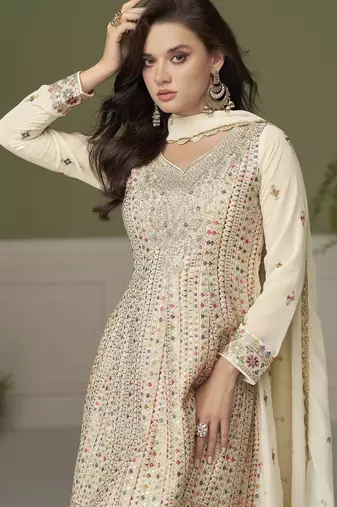 Elegant real georgette embroidered kurta set with dupatta & palazzo hand work
