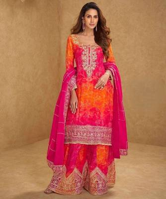 Real premium chinon silk heavy embroidered ribbon gota work sharara suit with dupatta 1