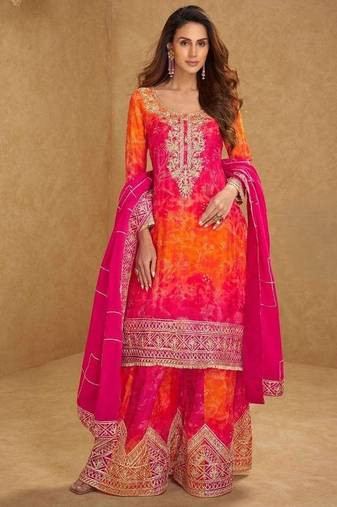 Real premium chinon silk heavy embroidered ribbon gota work sharara suit with dupatta