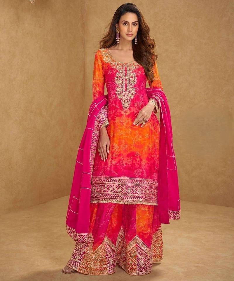 Real premium chinon silk heavy embroidered ribbon gota work sharara suit with dupatta