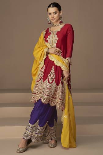Premium chinon silk sharara suit with heavy embroidery & work dupatta