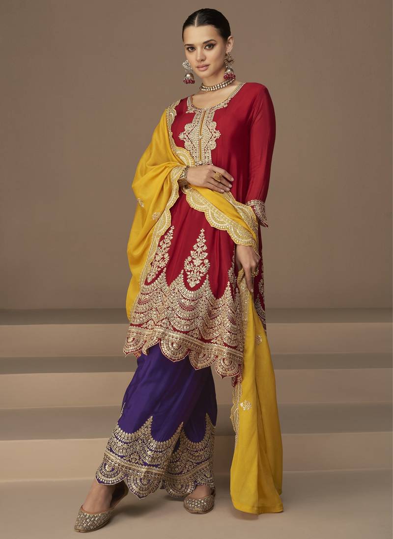 Premium chinon silk sharara suit with heavy embroidery & work dupatta