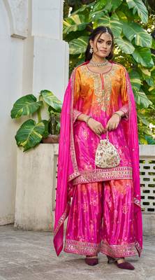 Pink and magenta embroidered chinon free size stitched palazzo style salwar suit 1
