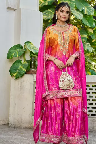 Pink and magenta embroidered chinon free size stitched palazzo style salwar suit