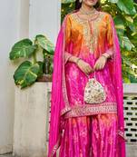 Pink and magenta embroidered chinon free size stitched palazzo style salwar suit