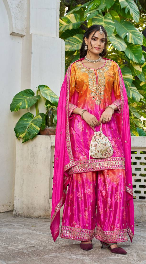 Pink and magenta embroidered chinon free size stitched palazzo style salwar suit
