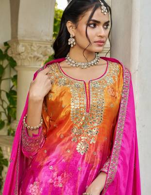Pink and magenta embroidered chinon free size stitched palazzo style salwar suit 2