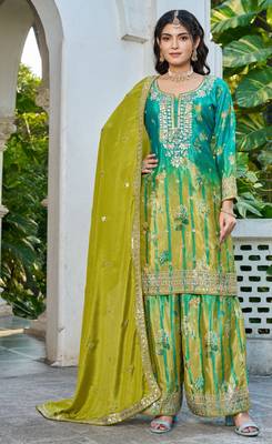 Sea green embroidered chinon free size stitched palazzo style salwar suit 1