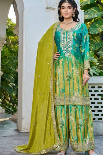 Sea green embroidered chinon free size stitched palazzo style salwar suit