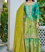 Sea green embroidered chinon free size stitched palazzo style salwar suit
