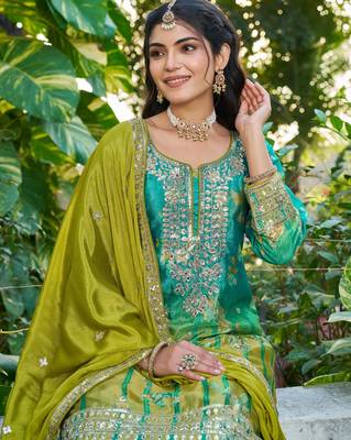 Sea green embroidered chinon free size stitched palazzo style salwar suit 2
