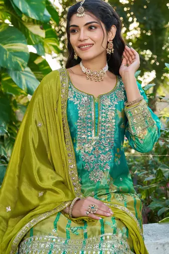 Sea green embroidered chinon free size stitched palazzo style salwar suit