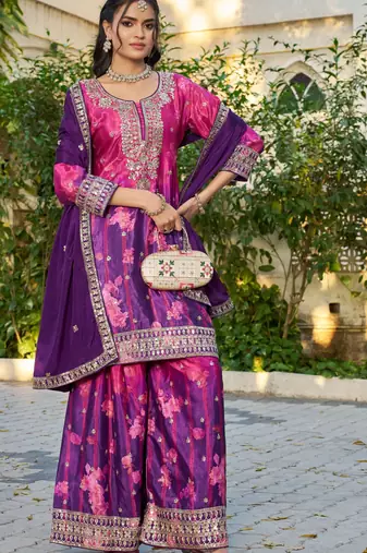 Pink and purple embroidered chinon free size stitched palazzo style salwar suit
