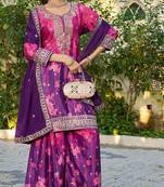 Pink and purple embroidered chinon free size stitched palazzo style salwar suit