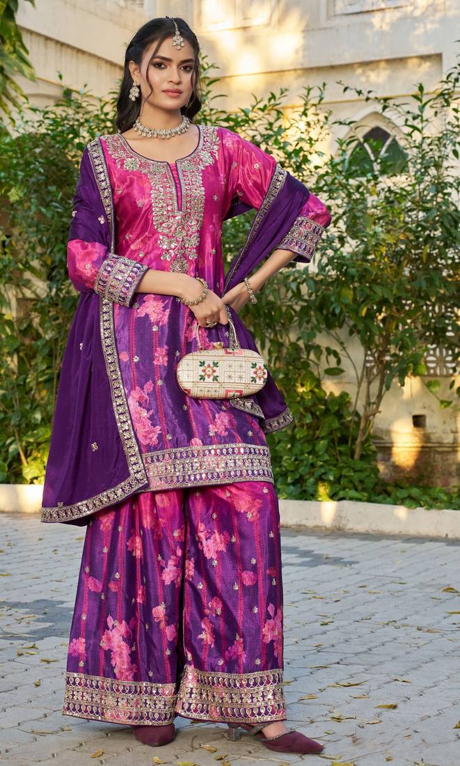 Pink and purple embroidered chinon free size stitched palazzo style salwar suit