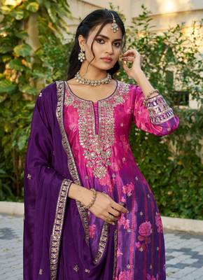 Pink and purple embroidered chinon free size stitched palazzo style salwar suit 2