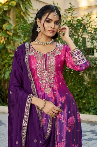 Pink and purple embroidered chinon free size stitched palazzo style salwar suit