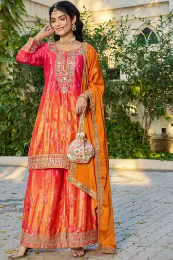 Red and orange embroidered chinon free size stitched palazzo style salwar suit