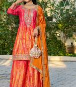 Red and orange embroidered chinon free size stitched palazzo style salwar suit