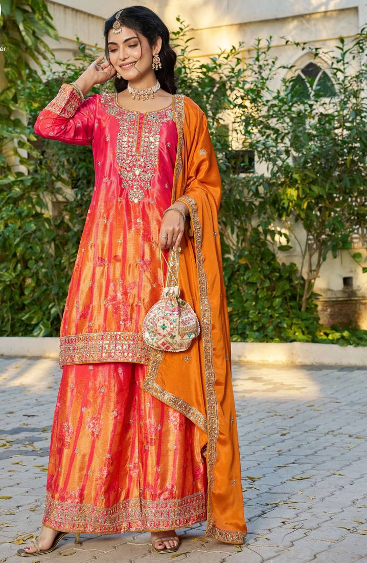 Red and orange embroidered chinon free size stitched palazzo style salwar suit