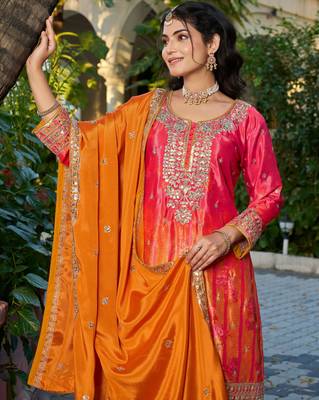 Red and orange embroidered chinon free size stitched palazzo style salwar suit 2