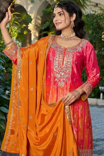 Red and orange embroidered chinon free size stitched palazzo style salwar suit