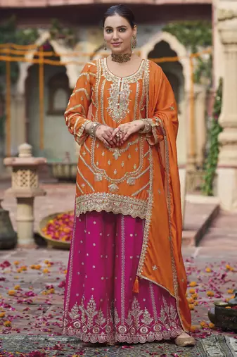 Orange embroidered chinon free size stitched palazzo style salwar suit