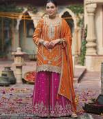 Orange embroidered chinon free size stitched palazzo style salwar suit