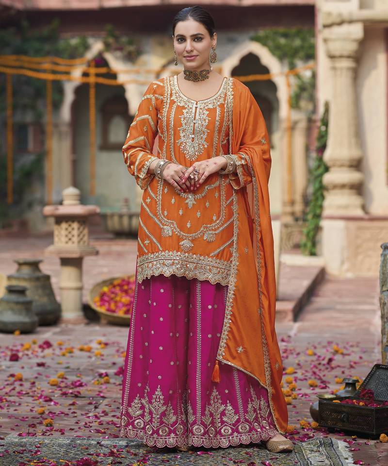 Orange embroidered chinon free size stitched palazzo style salwar suit