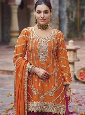 Orange embroidered chinon free size stitched palazzo style salwar suit 2