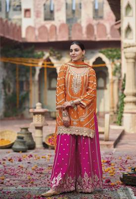 Orange embroidered chinon free size stitched palazzo style salwar suit 3