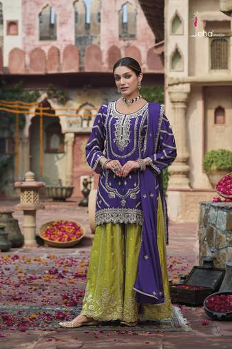 Purple embroidered chinon free size stitched palazzo style salwar suit
