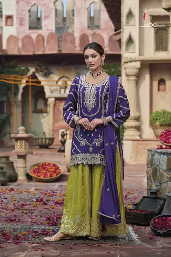 Purple embroidered chinon free size stitched palazzo style salwar suit