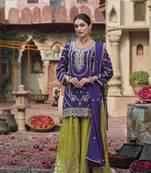 Purple embroidered chinon free size stitched palazzo style salwar suit