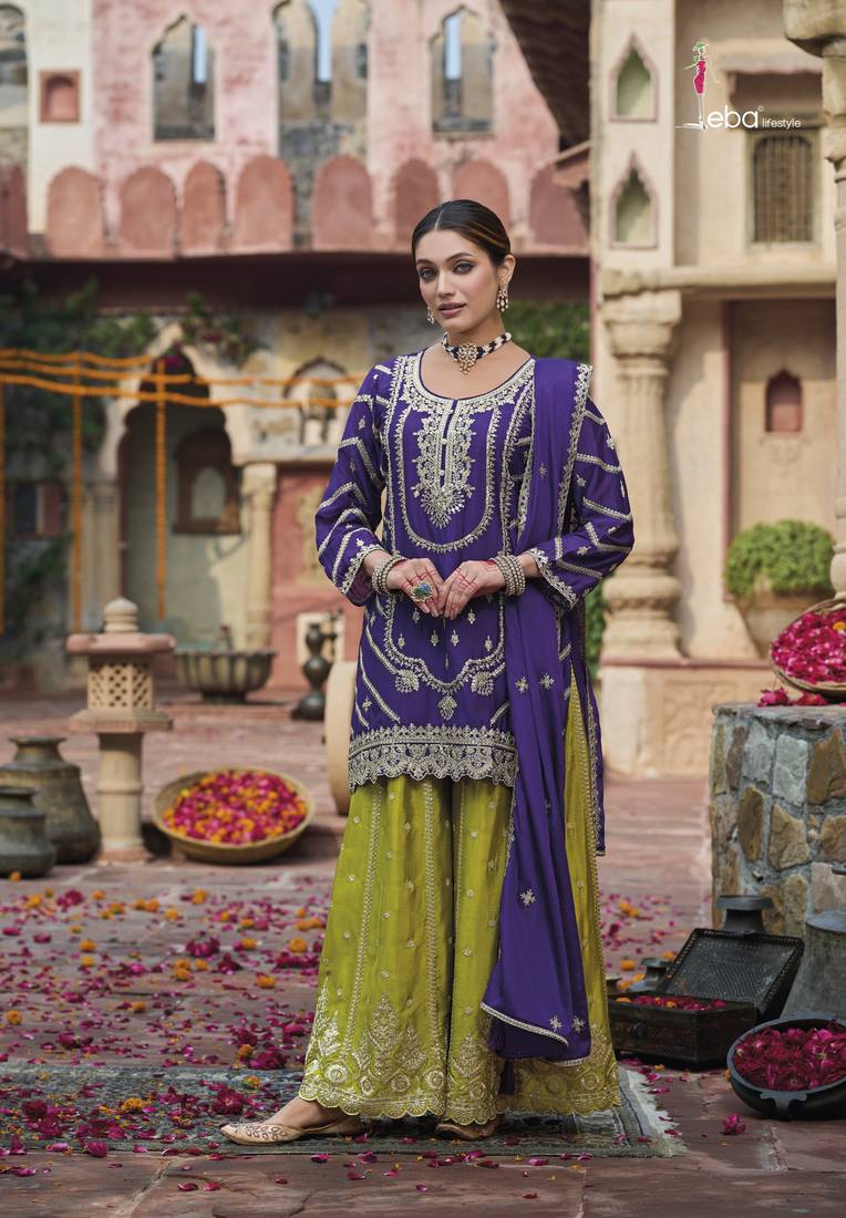 Purple embroidered chinon free size stitched palazzo style salwar suit