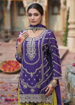 Purple embroidered chinon free size stitched palazzo style salwar suit 2