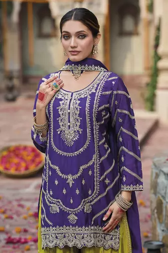 Purple embroidered chinon free size stitched palazzo style salwar suit